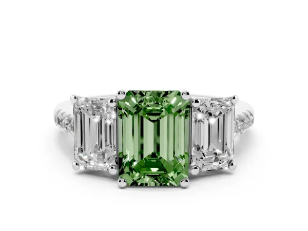 Fancy Green Three-Stone Emerald Cut Diamond Ring with Round Pavé Band and Prong Setting Platinum