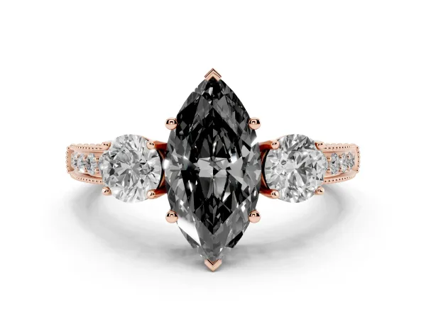 Fancy Black Marquise Cut Three-Stone Diamond Ring with Pavé Band and Four-Prong Setting Rose gold