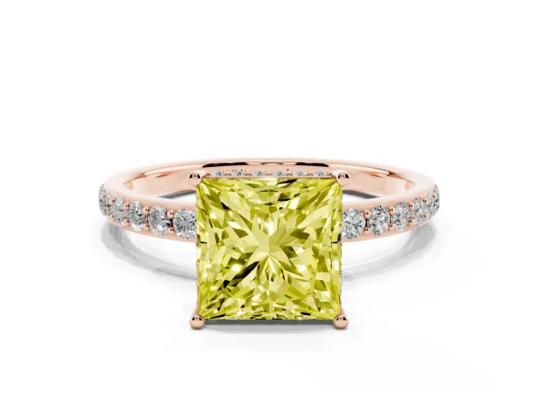 Fancy Yellow Princess Cut Diamond Solitaire Ring with Pavé Band and Hidden Halo Rose gold