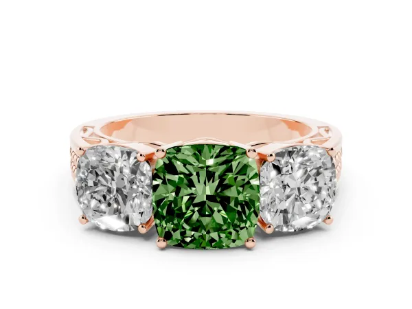 Fancy Green Cushion Cut Diamond Three-Stone Ring with Prong Setting and Textured Band Rose gold