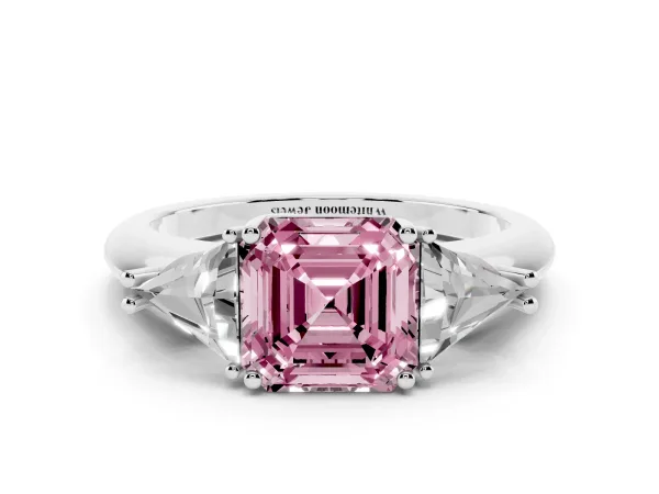 Fancy Pink Three-Stone Asscher Cut Diamond Engagement Ring with Trillion Side Stones and Prong Setting White gold