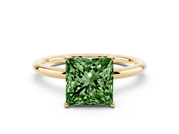 Fancy Green Princess Cut Solitaire Diamond Ring with a Classic Band and Four-Prong Setting Yellow gold