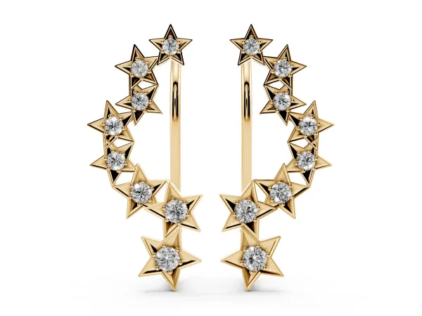 Star Cluster Diamond Crescent Earrings with Round Cut Stones on a Curved Band and Prong Setting Yellow gold