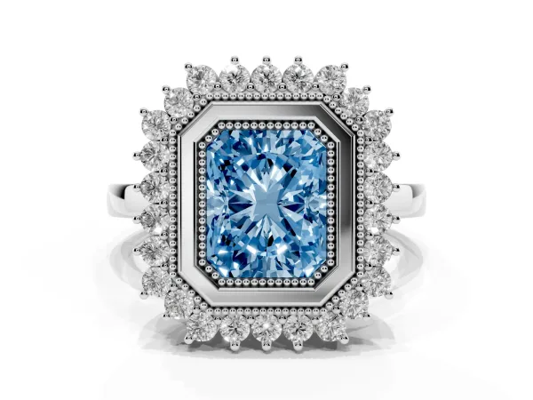 Fancy Blue Radiant Cut Halo Diamond Ring with Milgrain Edge and Round Prong Setting White gold