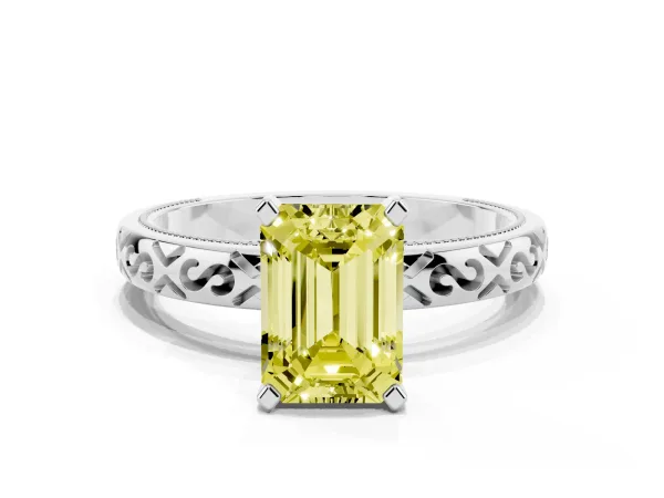 Fancy Yellow Emerald Cut Solitaire Engagement Ring with Scrollwork Band and Four-Prong Setting Platinum