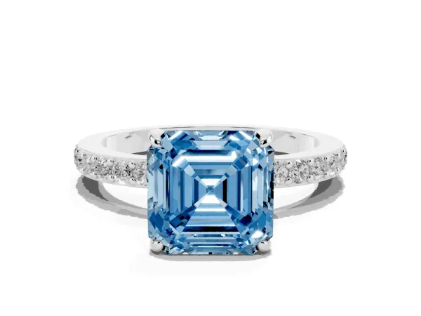 Fancy Blue Asscher Cut Diamond Pavé Engagement Ring with Round Accents and Prong Setting Platinum
