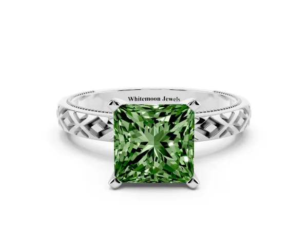 Fancy Green Princess Cut Solitaire Diamond Ring with Milgrain and Black Enamel X Pattern Band Platinum