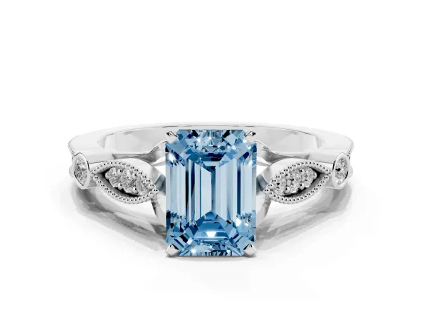 Fancy Blue Emerald Cut Cut Diamond with Milgrain Marquise and Bezel Accents on a Solitaire Band with Prong Setting White gold