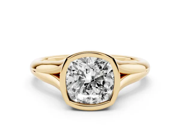 Bezel Set Cushion Cut Solitaire Diamond Ring with Smooth Band Yellow gold