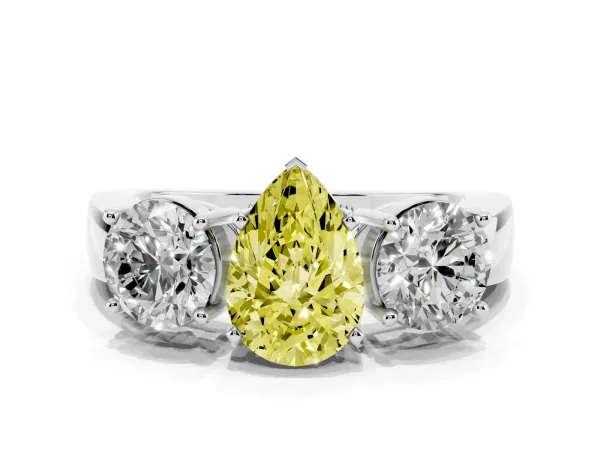 Fancy Yellow Three-Stone Pear Cut Diamond Ring with Round Side Stones, Classic Band, and Four-Prong Setting White gold