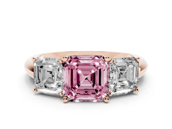 Fancy Pink Three-Stone Asscher Cut Cut Diamond Engagement Ring with Prong Setting on a White Gold Band Rose gold