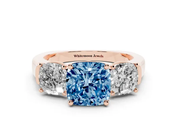 Fancy Blue Three-Stone Cushion Cut Brilliant Diamond Trellis Ring with Comfort Fit Band Rose gold