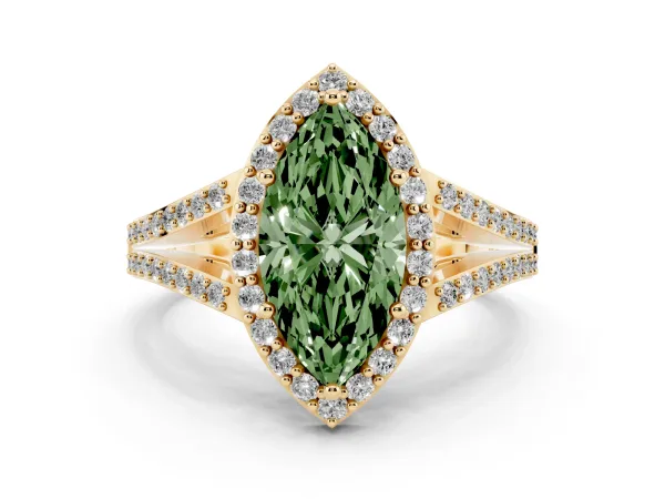 Fancy Green Marquise Cut Halo Split Shank Pave Diamond Ring with Four-Prong Setting Yellow gold