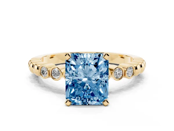 Fancy Blue Radiant Cut Solitaire Bezel Accent Diamond Engagement Ring with Beaded Band and Four-Prong Setting Yellow gold