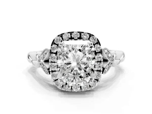Radiant Cut Halo Diamond Engagement Ring with Vintage-Inspired Band and Four-Prong Setting Platinum