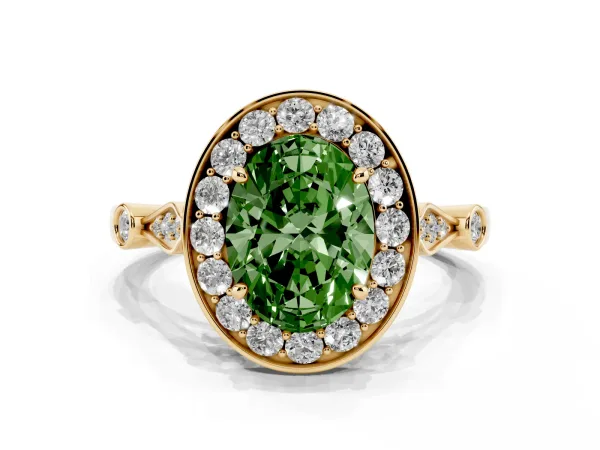 Fancy Green Oval Cut Halo Diamond Engagement Ring with Twisted Band and Four-Prong Setting Yellow gold