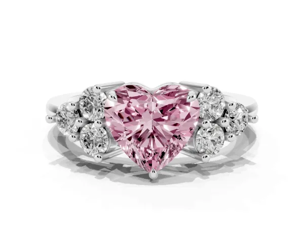 Fancy Pink Heart Cut Brilliant Diamond Cluster Accent Solitaire Ring with Prong Setting Platinum