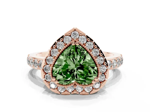 Fancy Green Heart Cut Diamond Halo Ring with Pavé Band and Prong Setting Rose gold