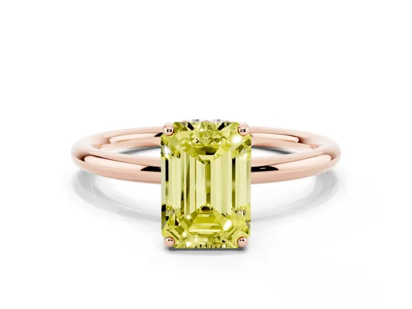 Fancy Yellow Emerald Cut Solitaire Diamond Ring with a Classic Band and Four-Prong Setting Rose gold