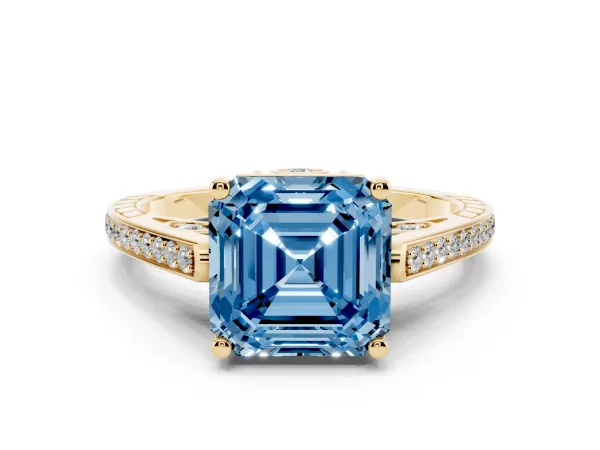 Fancy Blue Asscher Cut Cut Cathedral Pave Diamond Engagement Ring with Six-Prong Setting Yellow gold