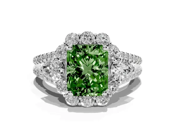 Fancy Green Radiant Cut Halo Split Shank Diamond Engagement Ring with Prong Setting White gold