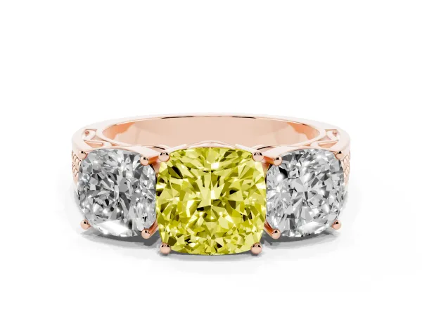 Fancy Yellow Cushion Cut Diamond Three-Stone Ring with Prong Setting and Textured Band Rose gold