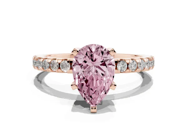 Fancy Pink Pear Cut Diamond Solitaire Ring with Round Pavé Band and Four-Prong Setting Rose gold