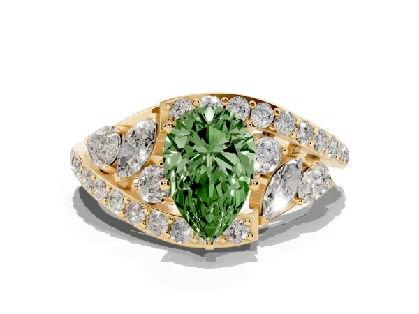 Fancy Green Pear Cut Diamond Halo Ring with Marquise and Pavé Band in Prong Setting Yellow gold