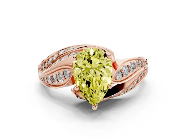 Fancy Yellow Pear Cut Diamond Solitaire Ring with Prong Setting and Twisted Pavé Band Rose gold