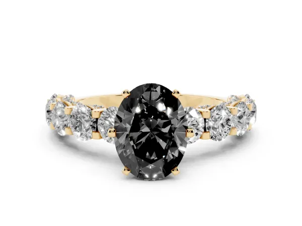 Fancy Black Oval Cut Diamond Side Stone Engagement Ring with Four-Prong Setting Yellow gold