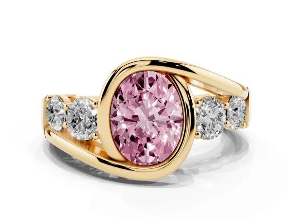 Fancy Pink Bezel Set Oval Cut Diamond Bypass Ring with Round Accents Yellow gold