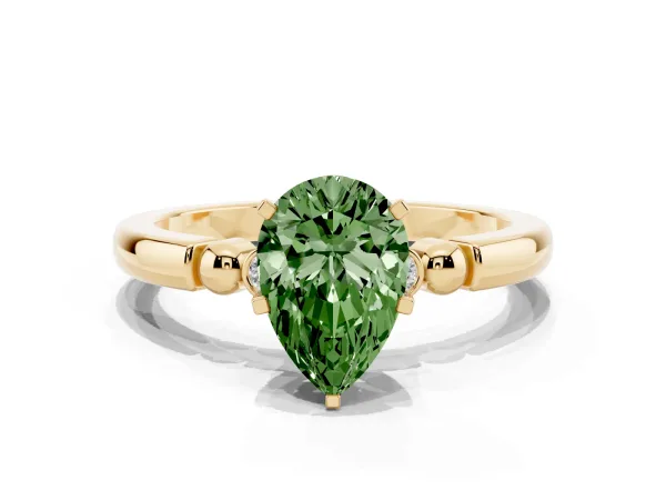 Fancy Green Pear Cut Solitaire Beaded Band with Four-Prong Setting Yellow gold