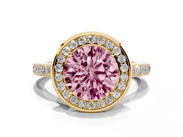 Fancy Pink Round Cut Diamond Halo Ring with Bezel Frame and Pavé Band Yellow gold