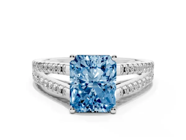 Fancy Blue Radiant Cut Diamond Solitaire Engagement Ring with Split Shank Pavé Band Platinum