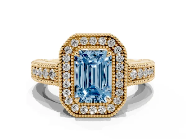 Fancy Blue Emerald Cut Cut Halo Diamond Ring with Pavé Band and Four-Prong Setting Yellow gold