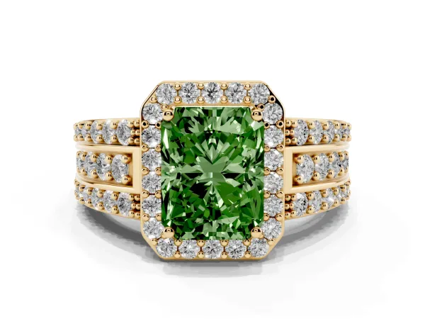 Fancy Green Radiant Cut Halo Diamond Ring with Round Split Shank and Prong Setting Yellow gold