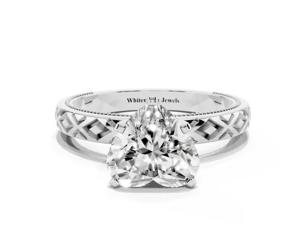 Heart Cut Solitaire Diamond Ring with Milgrain and Black Enamel X Pattern Band White gold