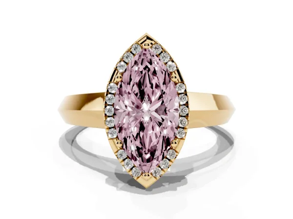 Fancy Pink Marquise Cut Halo Diamond Ring with Cathedral Band and Four-Prong Setting Yellow gold