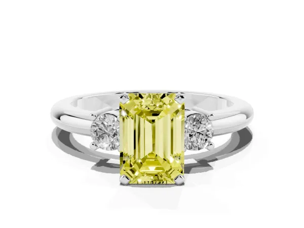 Fancy Yellow Three-Stone Emerald Cut Cut Diamond Solitaire with Prong Setting and Classic Band White gold