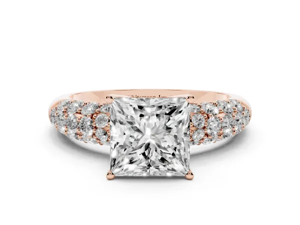 Princess Cut Diamond Pavé Band Solitaire Ring with Four-Prong Setting Rose gold