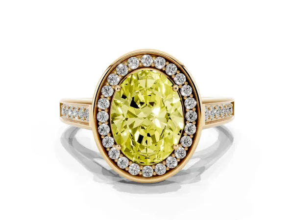 Fancy Yellow Oval Cut Halo Solitaire Diamond Ring with Pave Band and Bezel Setting Yellow gold