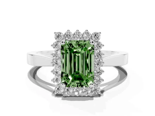 Fancy Green Emerald Cut Cut Diamond Halo Ring with Round Brilliant Halo and Solitaire Band Platinum