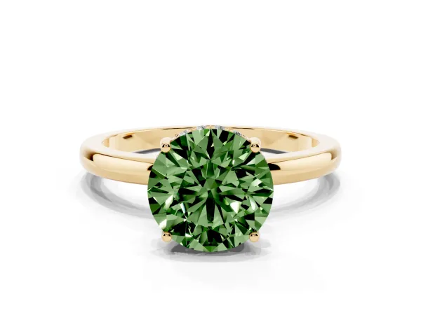 Fancy Green Round Cut Solitaire Diamond Ring with Prong Setting and Plain Band Yellow gold