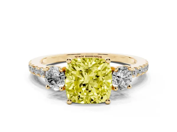Fancy Yellow Three-Stone Cushion Cut Cut Diamond Pavé Band with Prong Setting Yellow gold