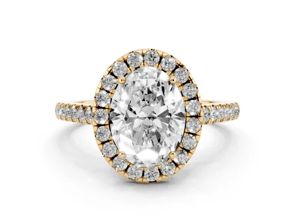 Oval Cut Halo Pavé Diamond Engagement Ring with Four-Prong Setting Yellow gold