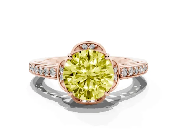 Fancy Yellow Round Cut Cut Halo Diamond Ring with Channel Set Band and Four-Prong Setting Rose gold