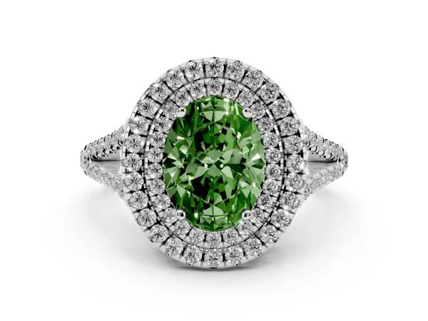 Fancy Green Oval Cut Diamond Double Halo Ring with Pavé Band and Prong Setting White gold