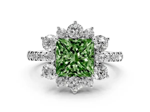 Fancy Green Princess Cut Diamond Floral Halo Ring with Round Pavé Band and Prong Setting Platinum