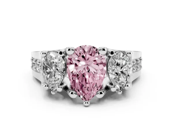 Fancy Pink Pear Cut Diamond Three-Stone Ring with Channel Set Band and Four-Prong Setting Platinum