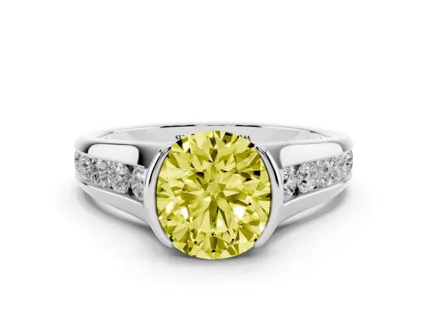 Fancy Yellow Round Cut Solitaire Bezel-Set Diamond Ring with Channel-Set Band Platinum